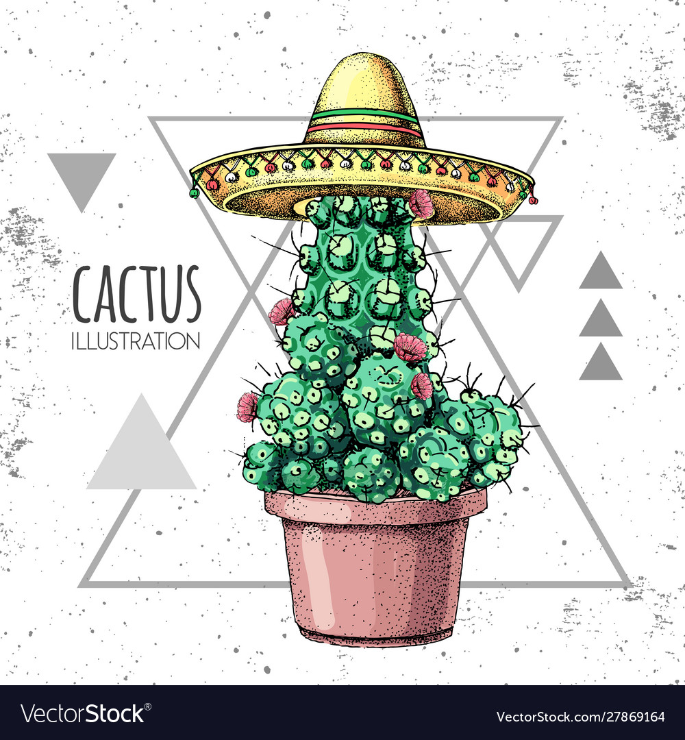 Hand Drawing Cactus In Sombrero Hat Royalty Free Vector