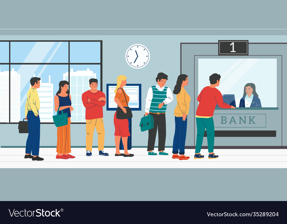 Bank Queue People Standing In Row To Worker Vector Image