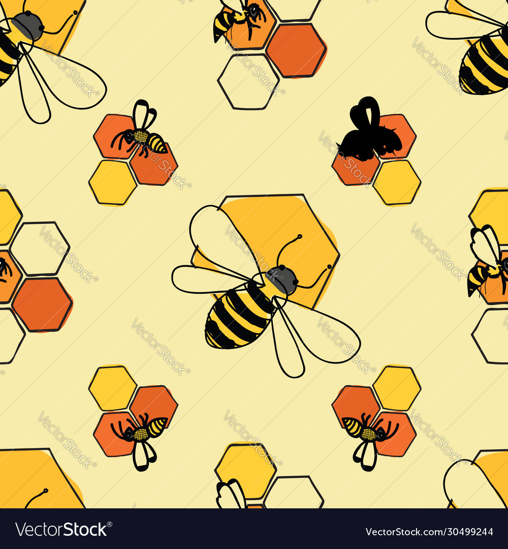 Bees On Honeycomb Seamless Pattern On Royalty Free Vector