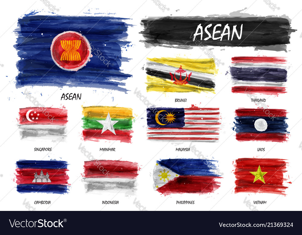 Realistic Watercolor Painting Flag Of Asean Vector Image