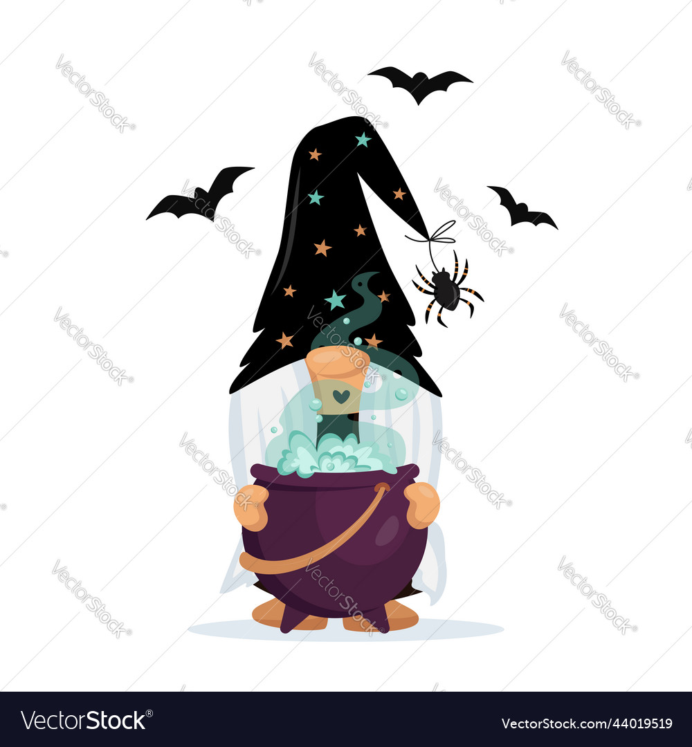 Hand Drawn Halloween Gnome Witch With A Cauldron Vector Image