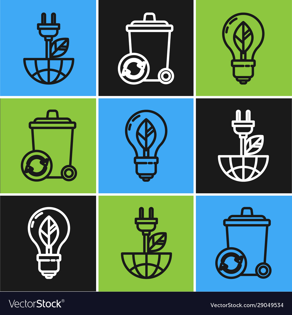 Set Line Electric Saving Plug In Leaf Light Bulb Vector Image