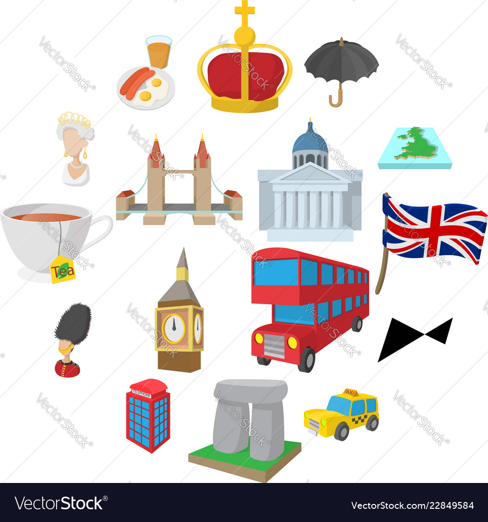 England Icons Set Cartoon Style Royalty Free Vector Image