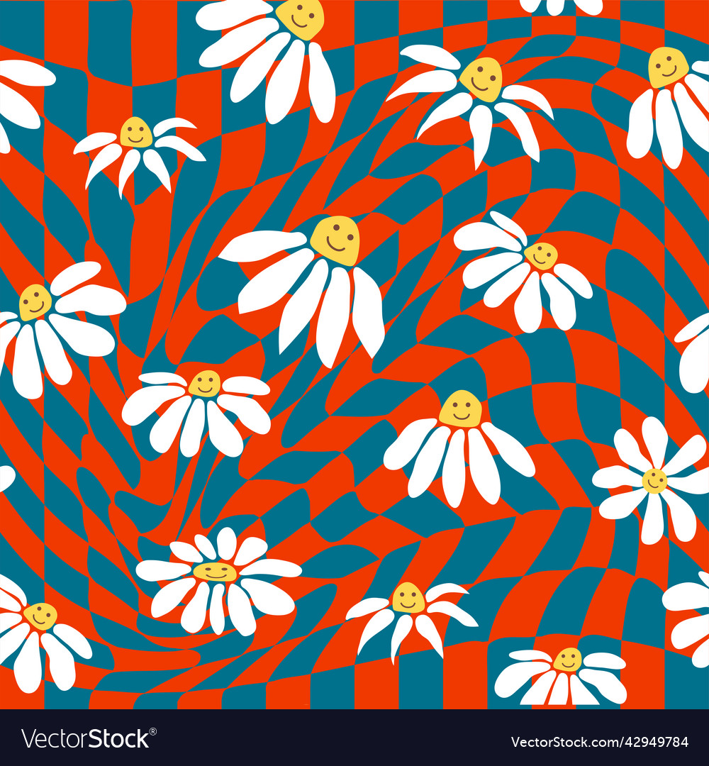 Groovy Daisy Retro Seamless Pattern Retro Smile Vector Image