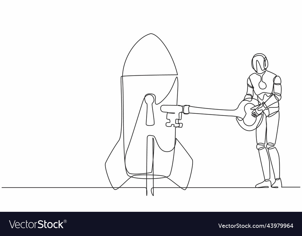 Single Continuous Line Drawing Robot Putting Key Vector Image