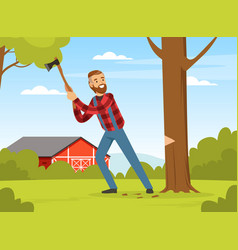 Bearded Man Lumberjack Or Woodman In Red Checkered