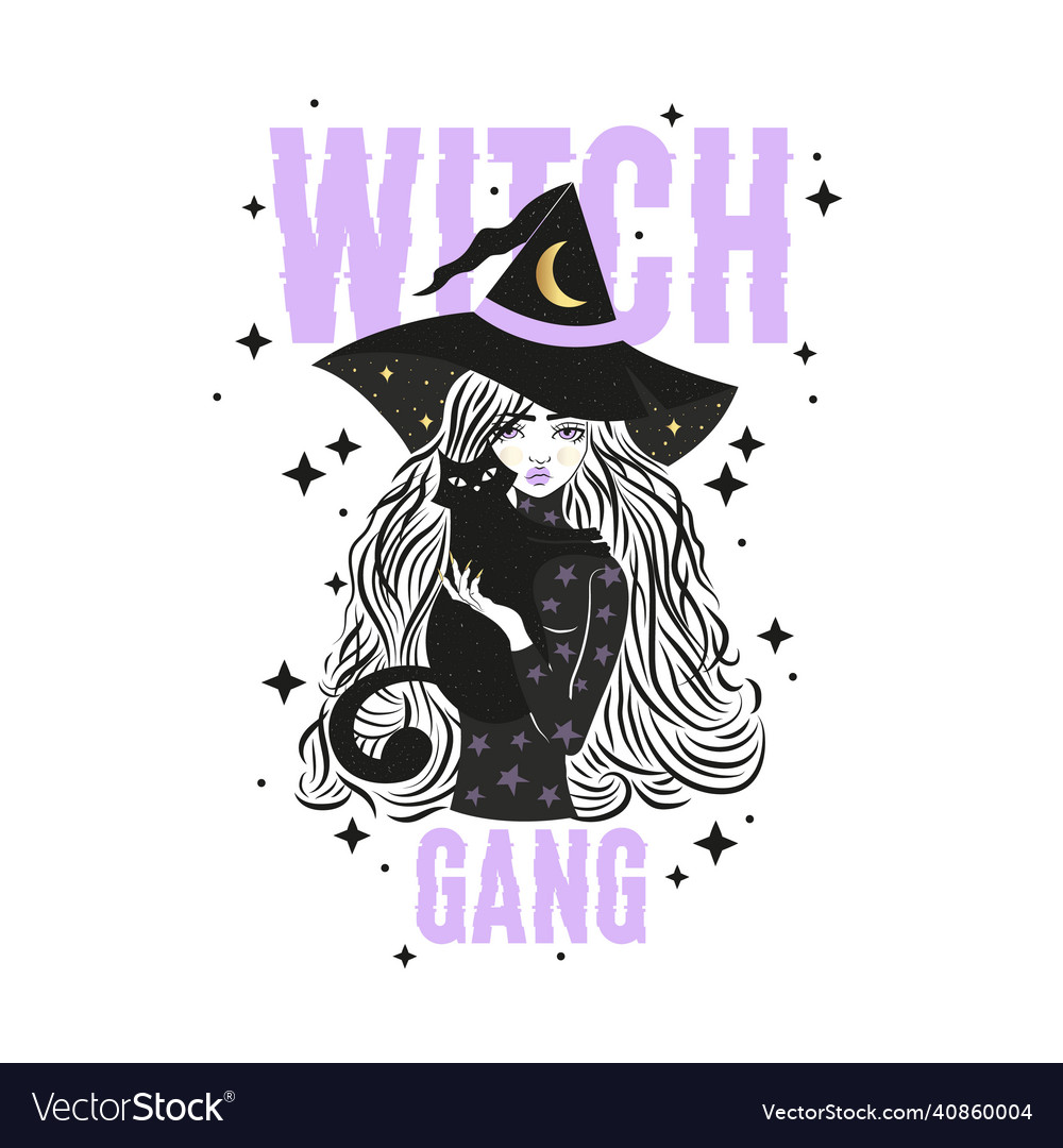 Cute Witch And Cat Wearing Hat With Stars And Moon