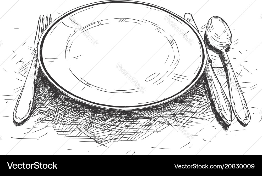 Artistic Or Drawing Of Empty Plate Knife And Fork Vector Image