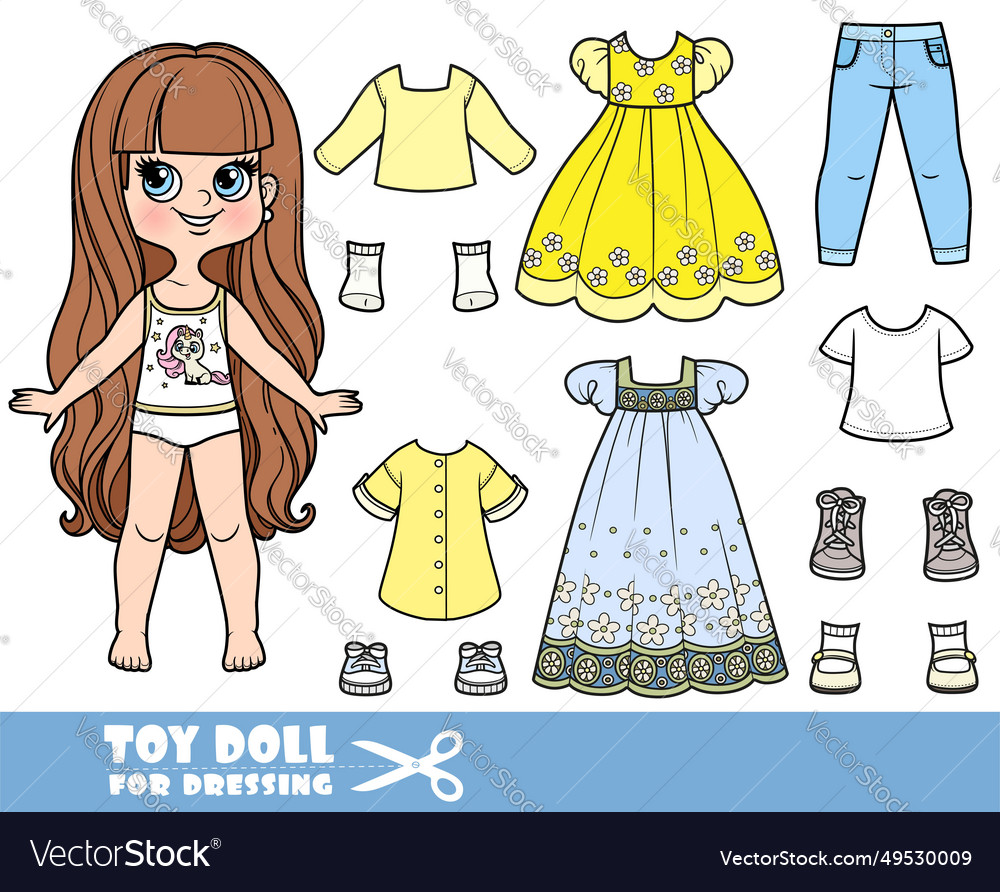 Cartoon long haired brunette girl and clothes Vector Image