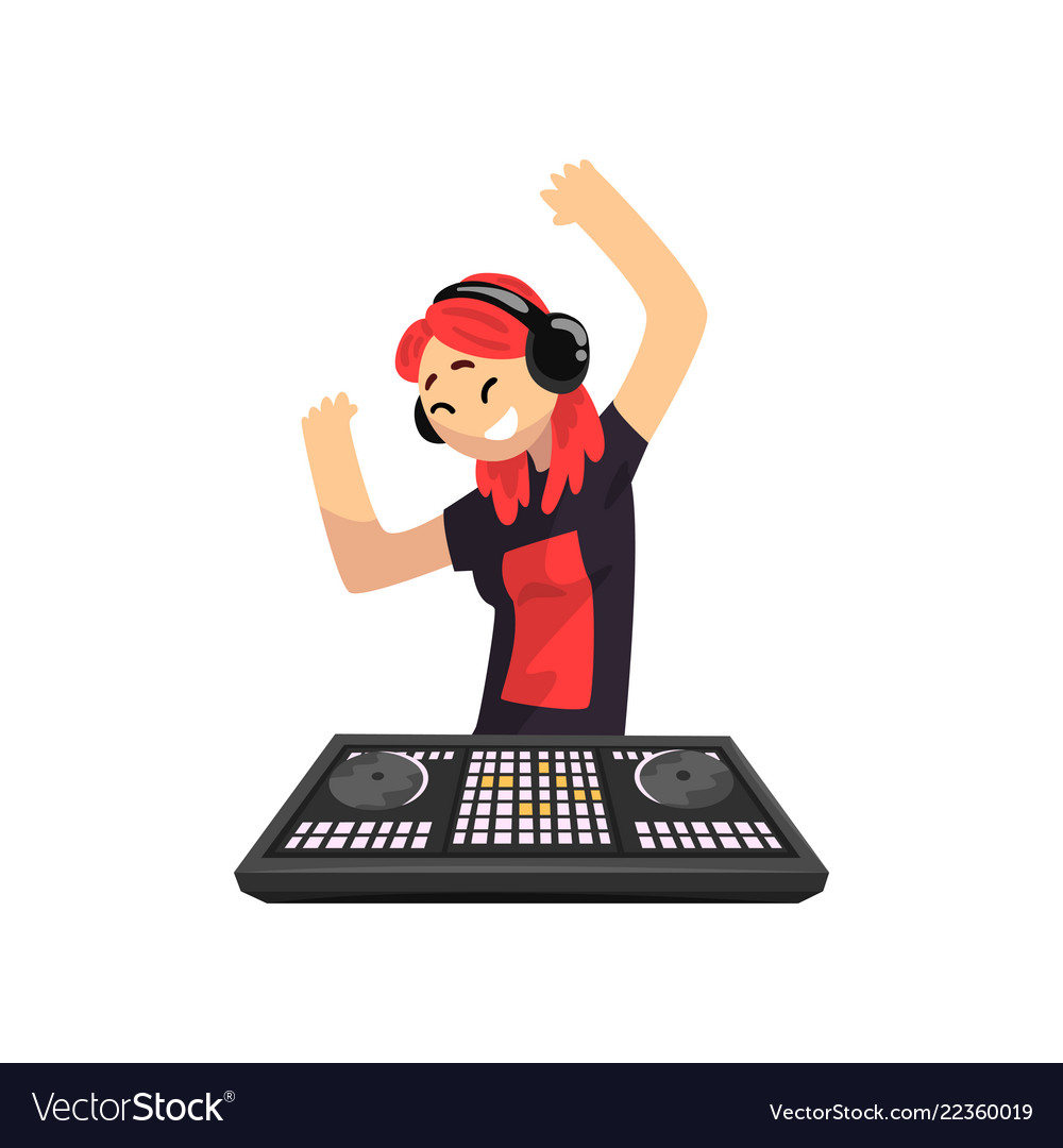 Dj girl in headphones playing track and dancing Vector Image