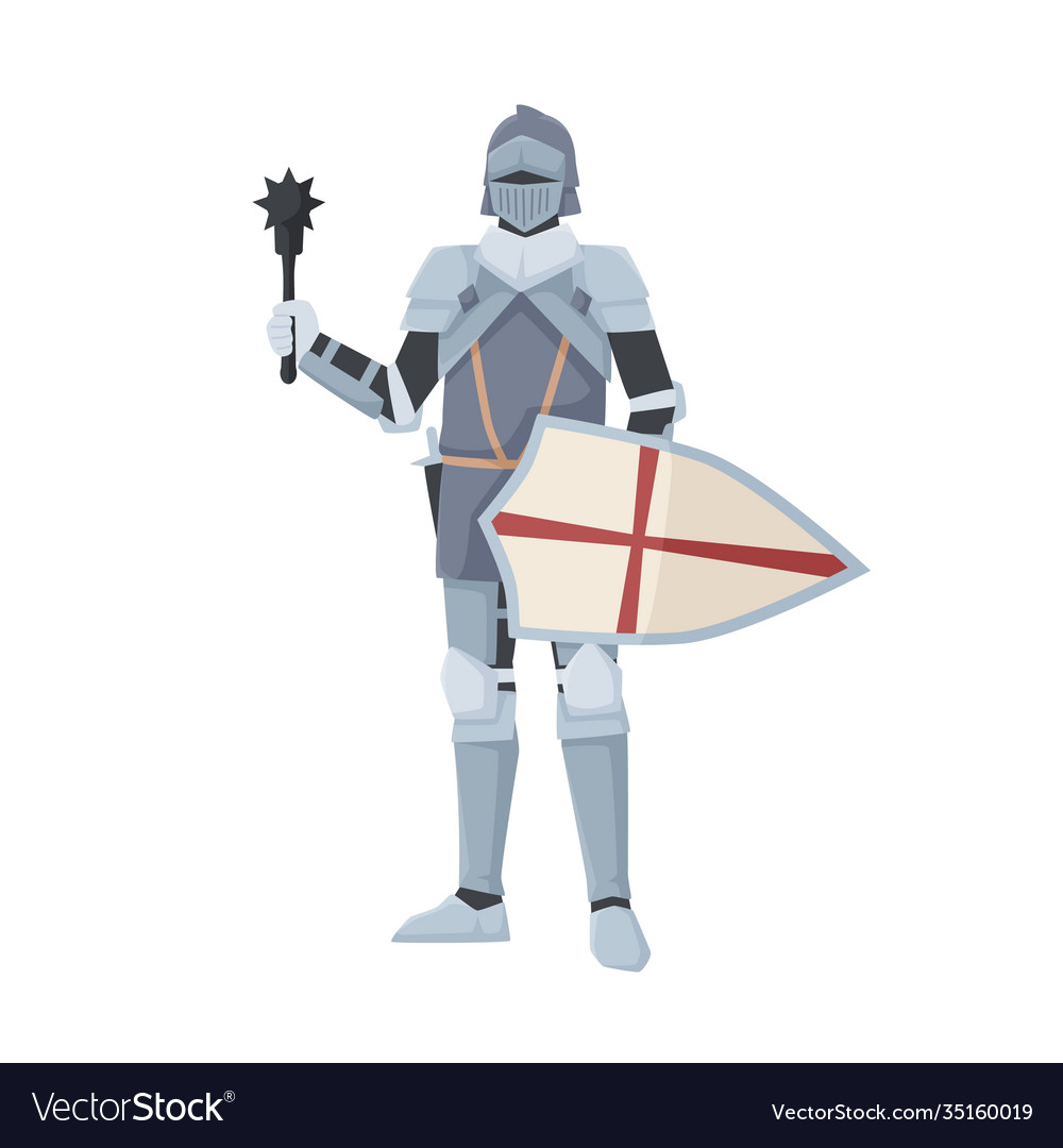 Medieval Knight Standing In Armor Holding Shield Vector Image