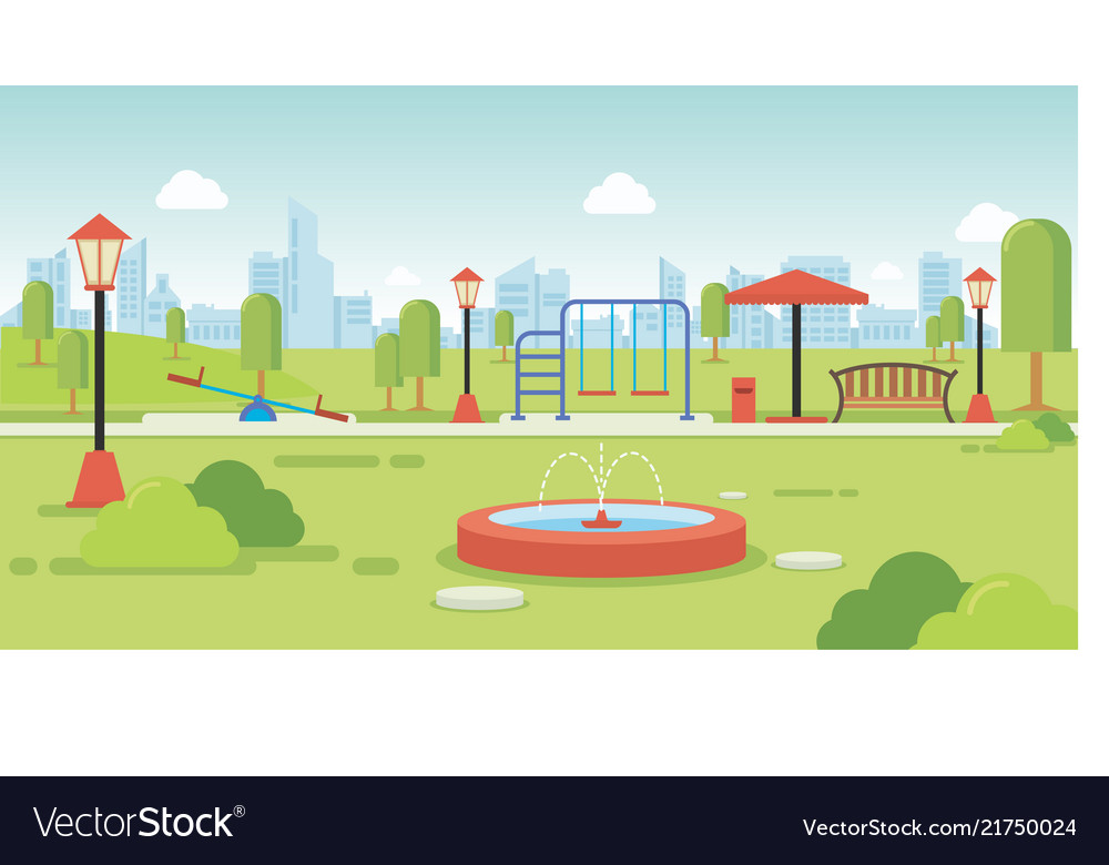 City Park With Park Benches And Kids Playground Vector Image