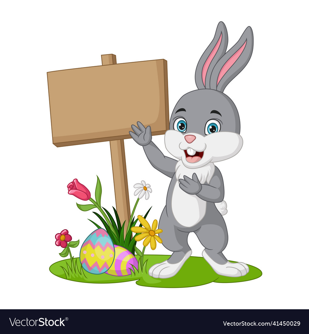 Cartoon little bunny with easter eggs flowers Vector Image Cartoon little bunny with easter eggs flowers Vector Image