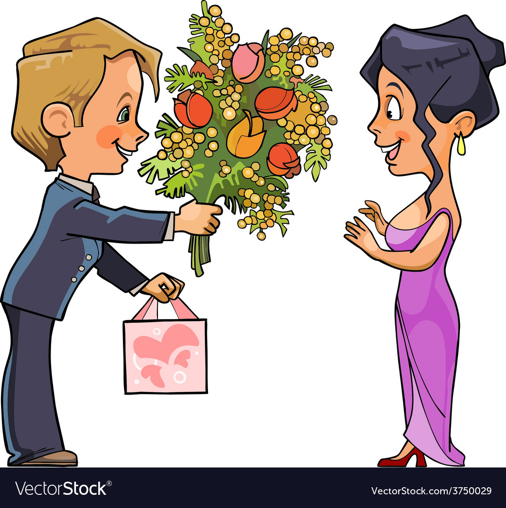 Cartoon man in suit gives a bouquet flowers Vector Image