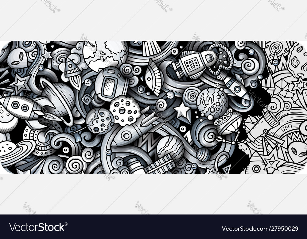 Space Hand Drawn Doodle Banner Cartoon Detailed Vector Image