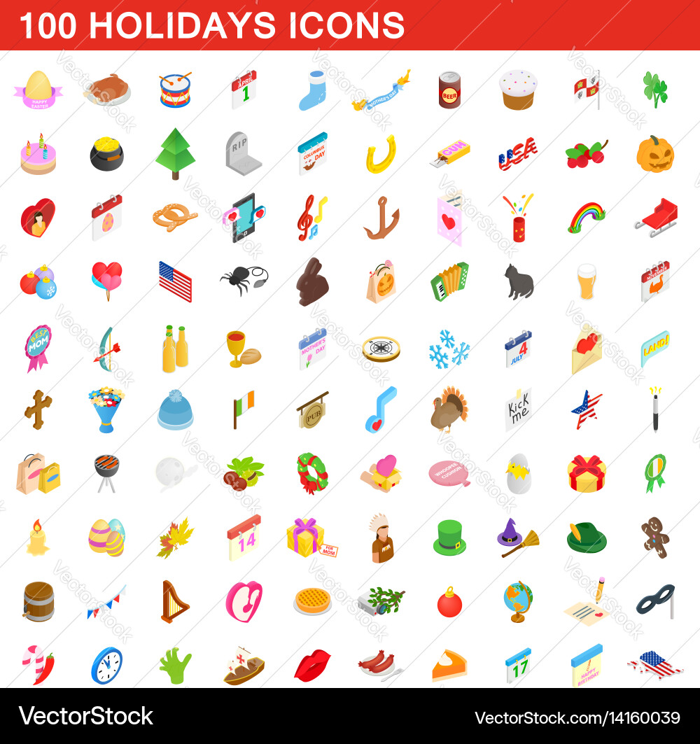 100 holidays icons set isometric 3d style Vector Image