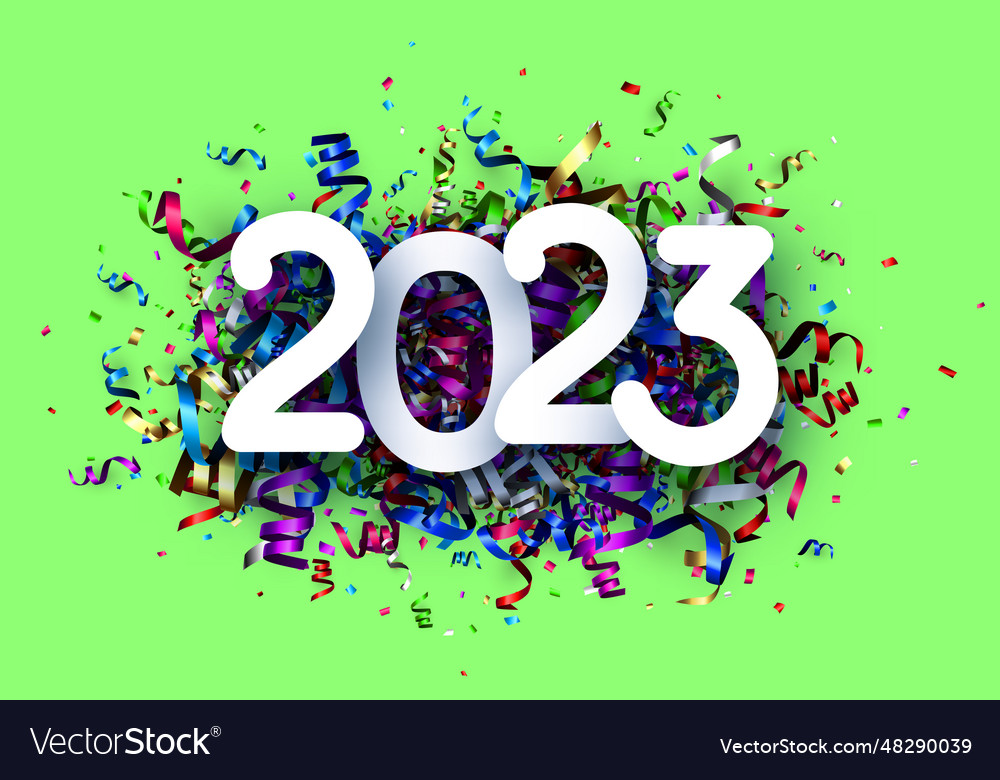 2023 sign over colorful serpentine confetti Vector Image