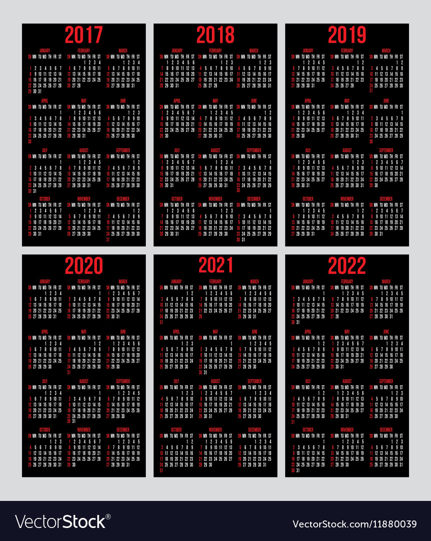 Set Of Calendar Grid For Years 2017 2022 Vector Image 8983