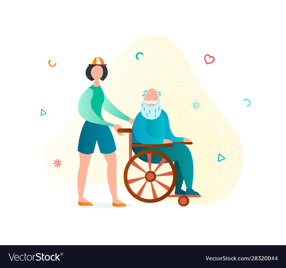 Old man in a wheelchair and volunteer nurse Vector Image