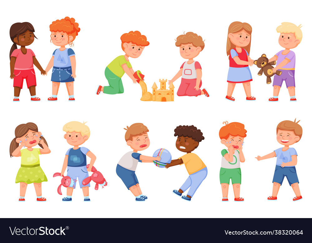 Kids good and bad behavior friends sharing toys Vector Image