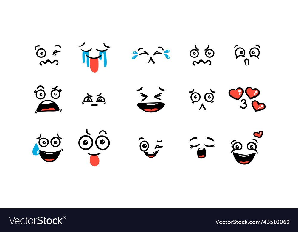 Various cartoon emoticons set doodle faces eyes Vector Image