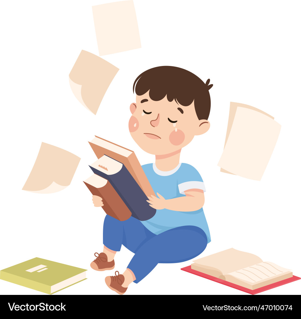 Crying boy sitting on floor with books scattered Vector Image