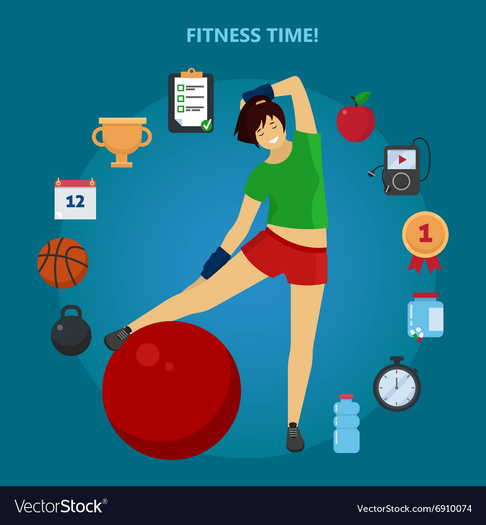 Fitness time girl with set of icons Royalty Free Vector