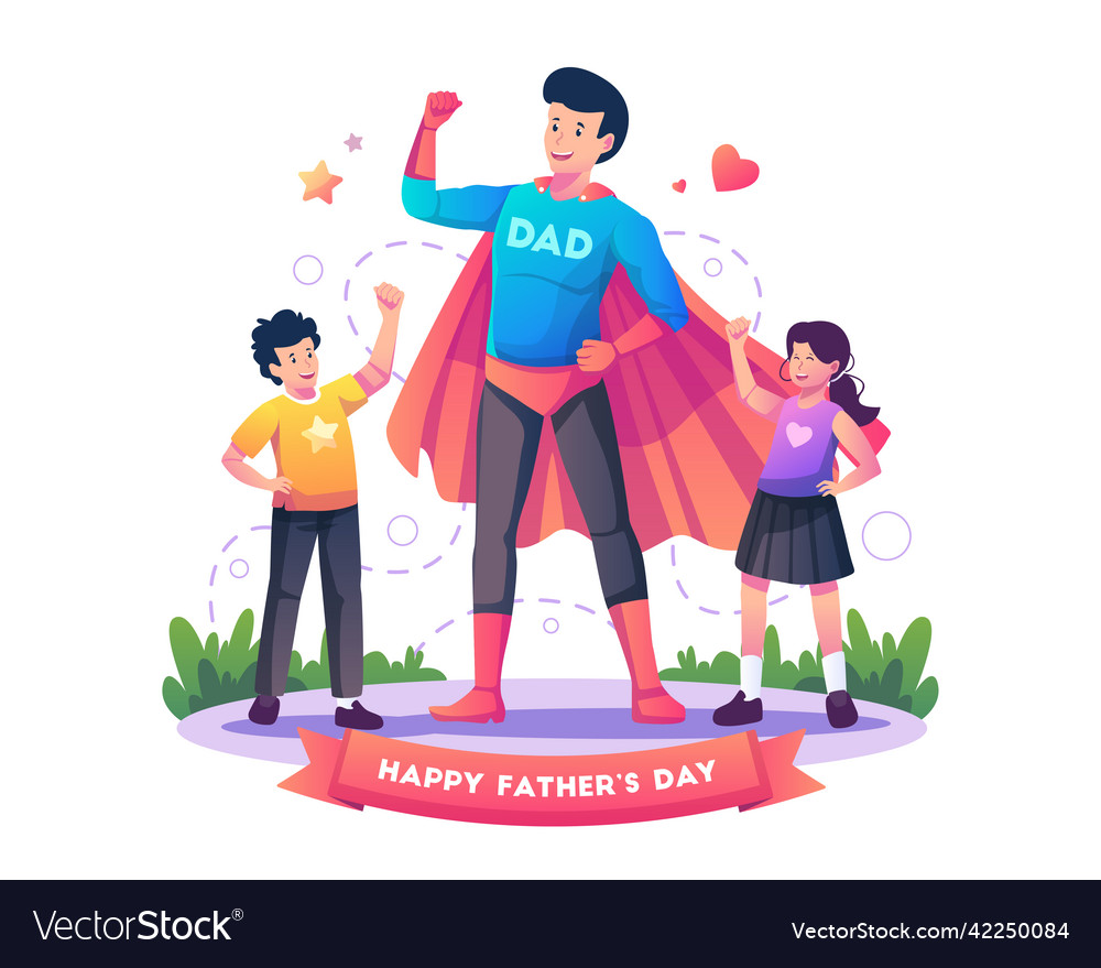 Dad wearing a superhero costume stands showing Vector Image