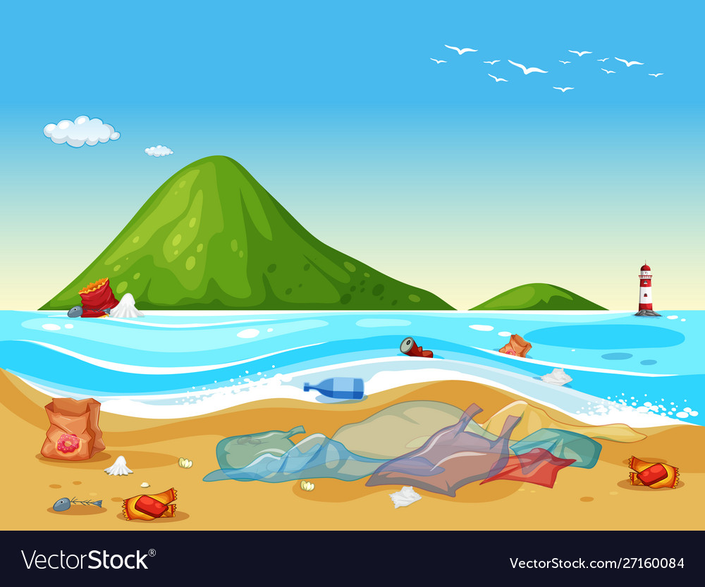 Scene with plastic bags on beach Royalty Free Vector Image