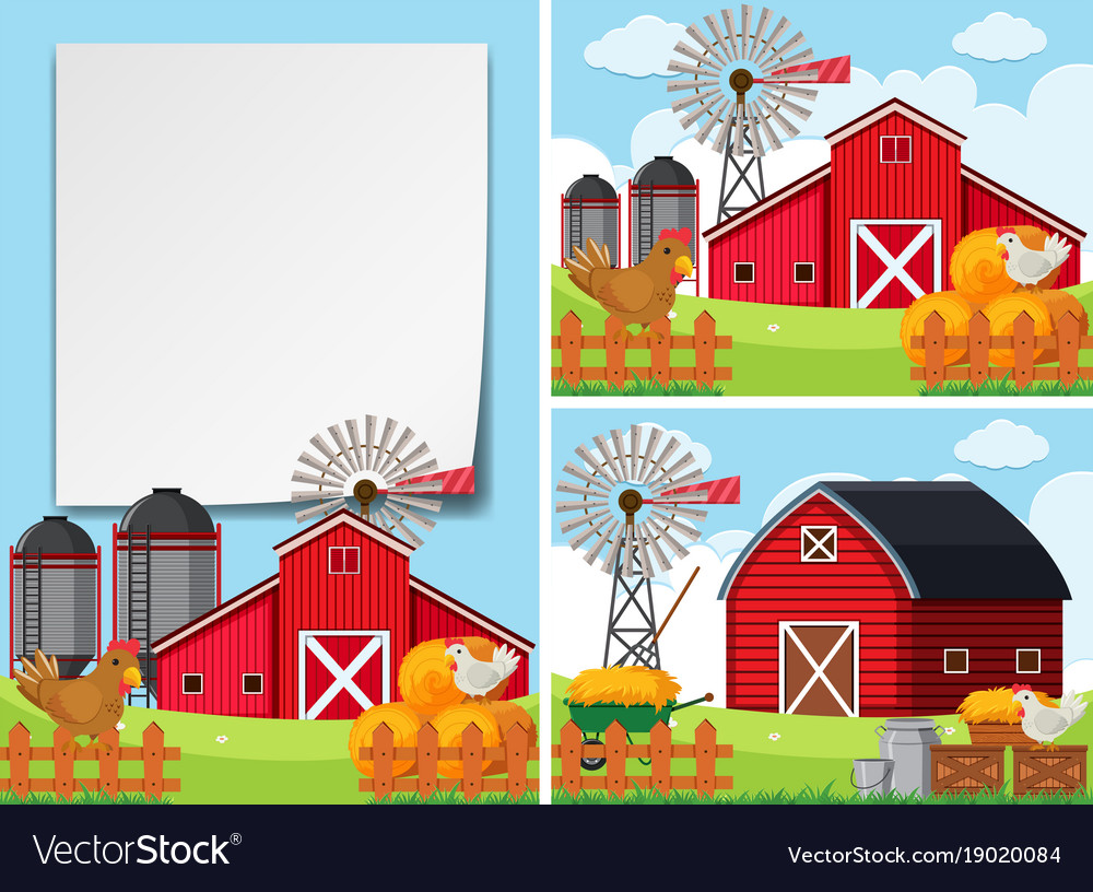 Three scenes with barns and chickens Royalty Free Vector