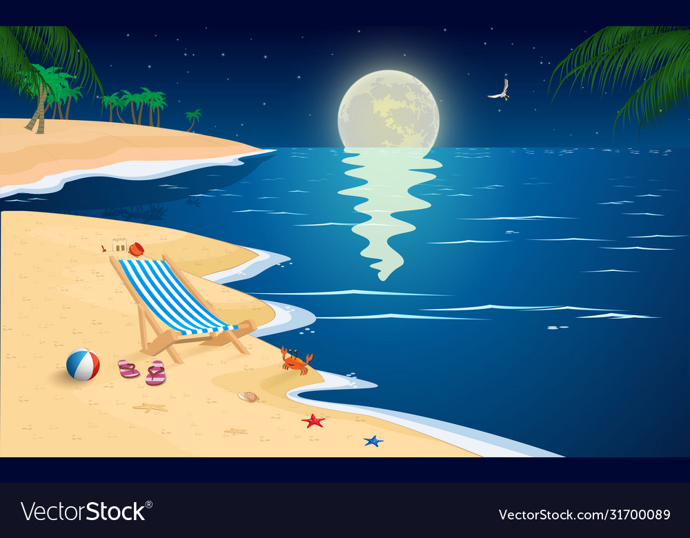 Landscape Beach In Full Moon Night Royalty Free Vector Image