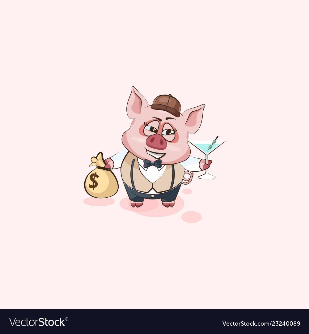 Pig sticker emoticon with bag of money and glass Vector Image Pig sticker emoticon with bag of money and glass Vector Image