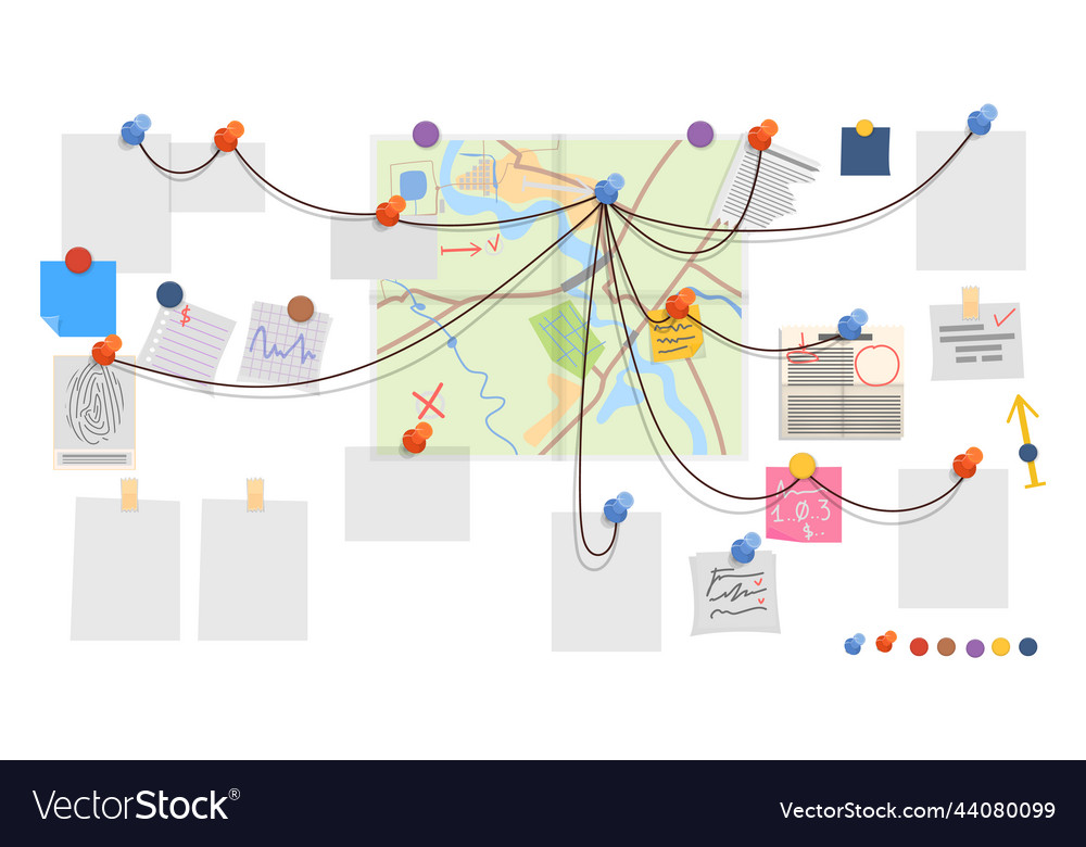 White notes connected with strings and push pins Vector Image