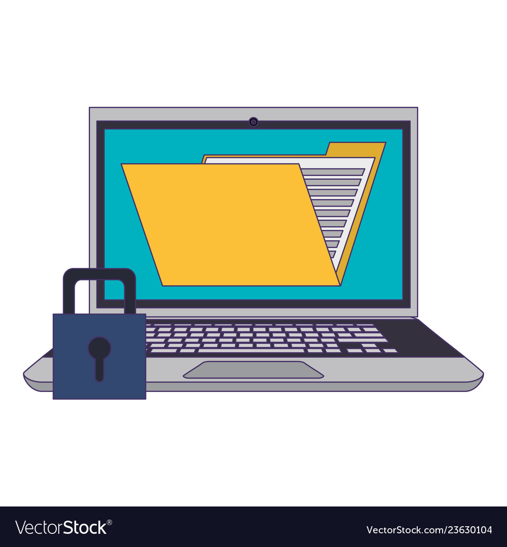 Laptop with folder and padlock blue lines Vector Image