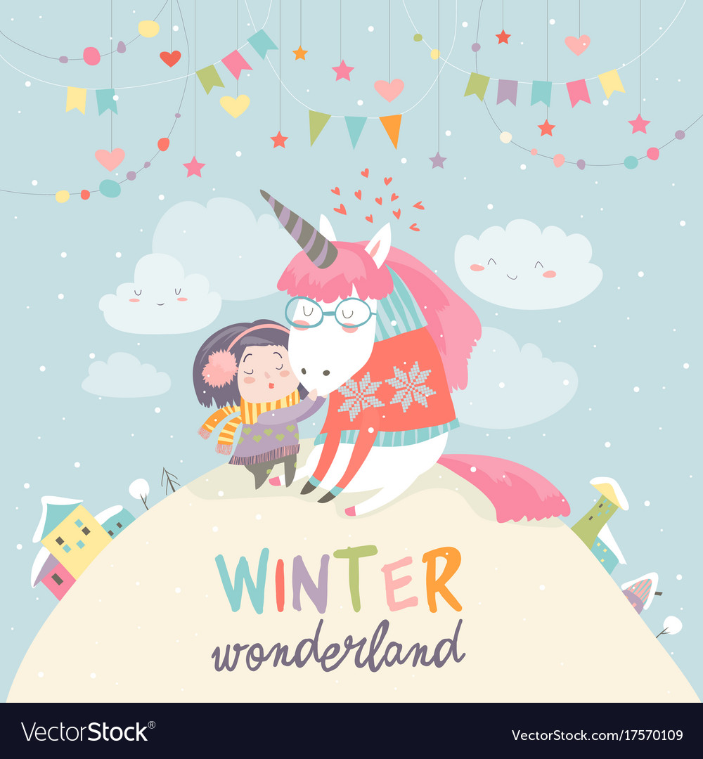 Cute girl hugging unicorn winter wonderland Vector Image