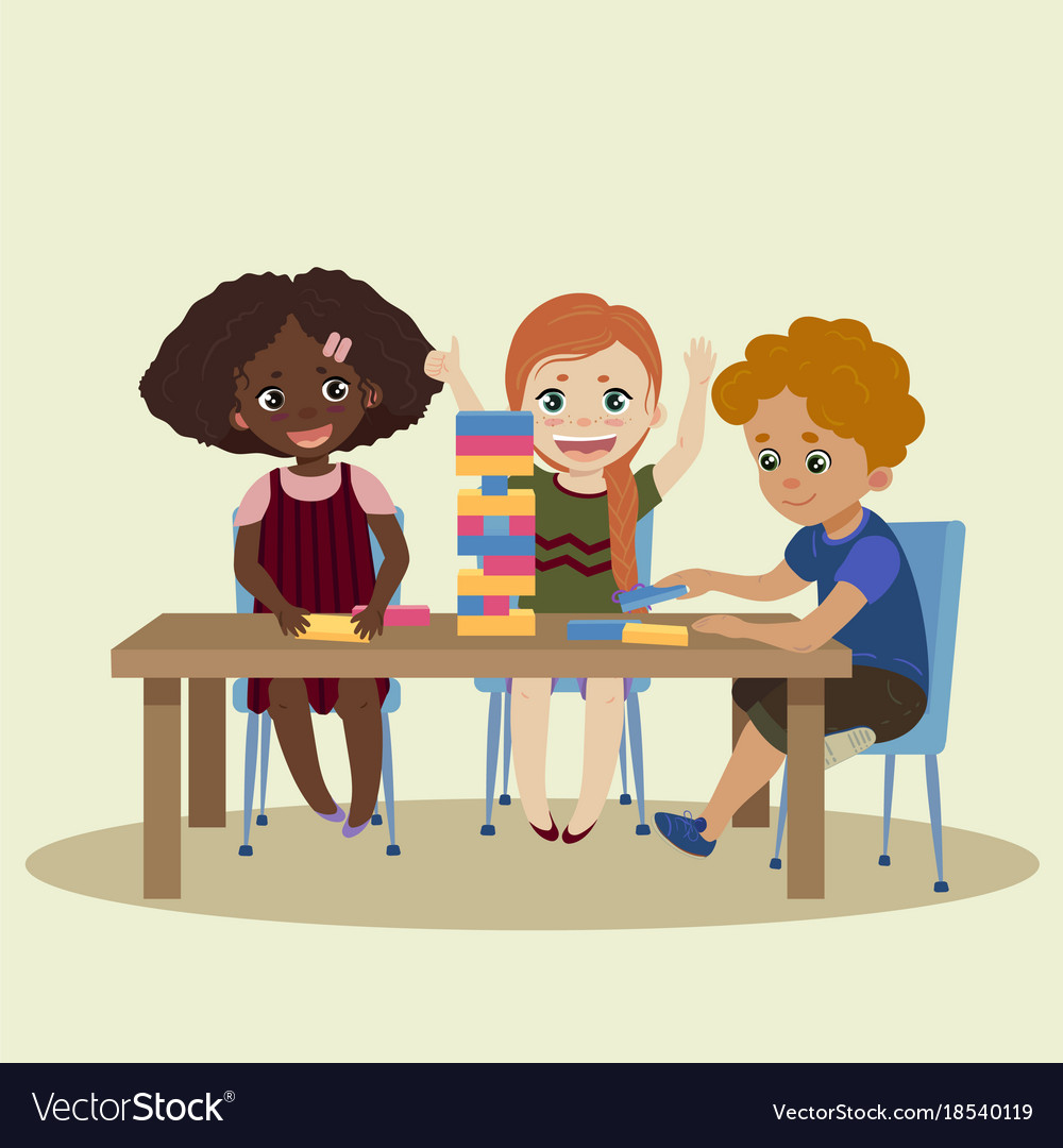 Jenga children play in wood block game Royalty Free Vector