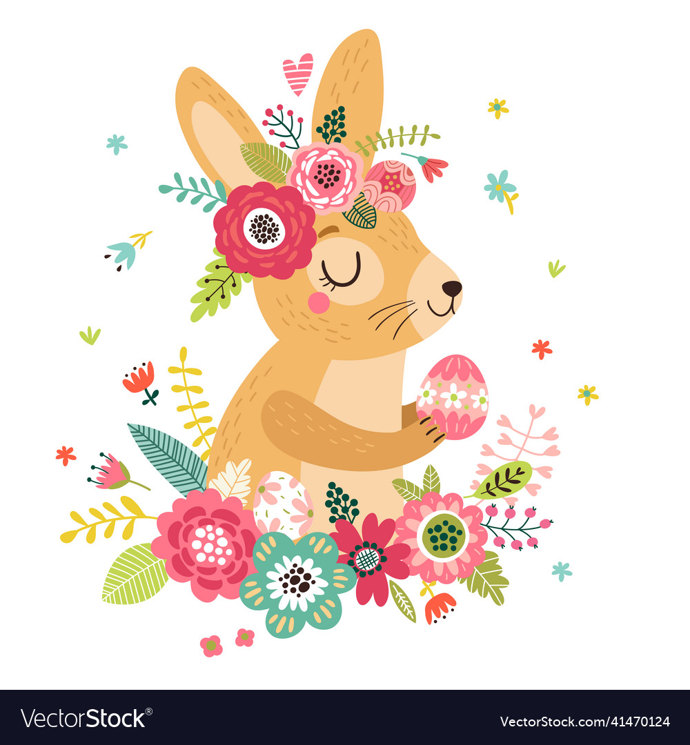 Easter Card With Bunny And Flowers Royalty Free Vector Image