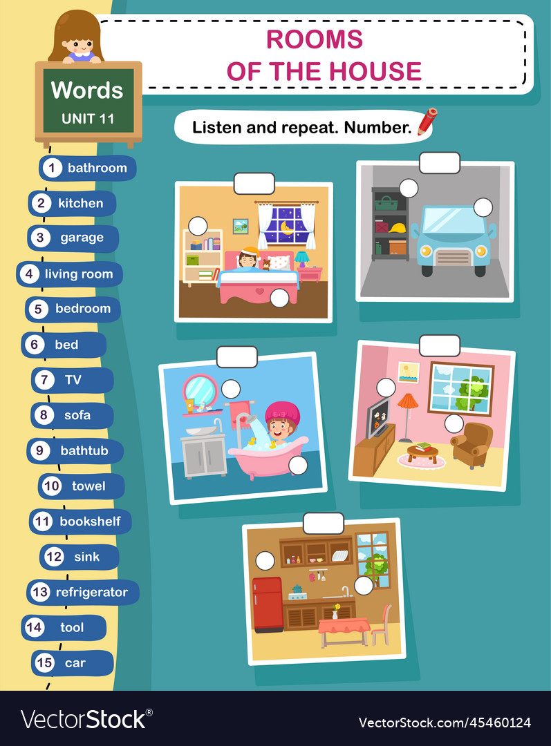 Education vocabulary rooms of the house Royalty Free Vector