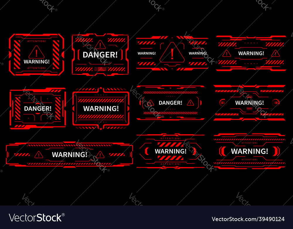 Hud danger and alert attention red interface signs vector image Hud danger and alert attention red interface signs