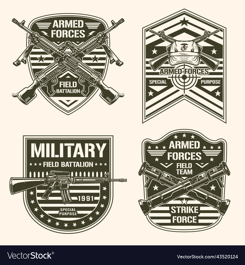 Military set vintage element monochrome Royalty Free Vector