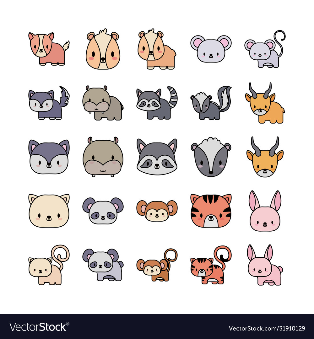 Set icons animals baby kawaii line and fill Vector Image