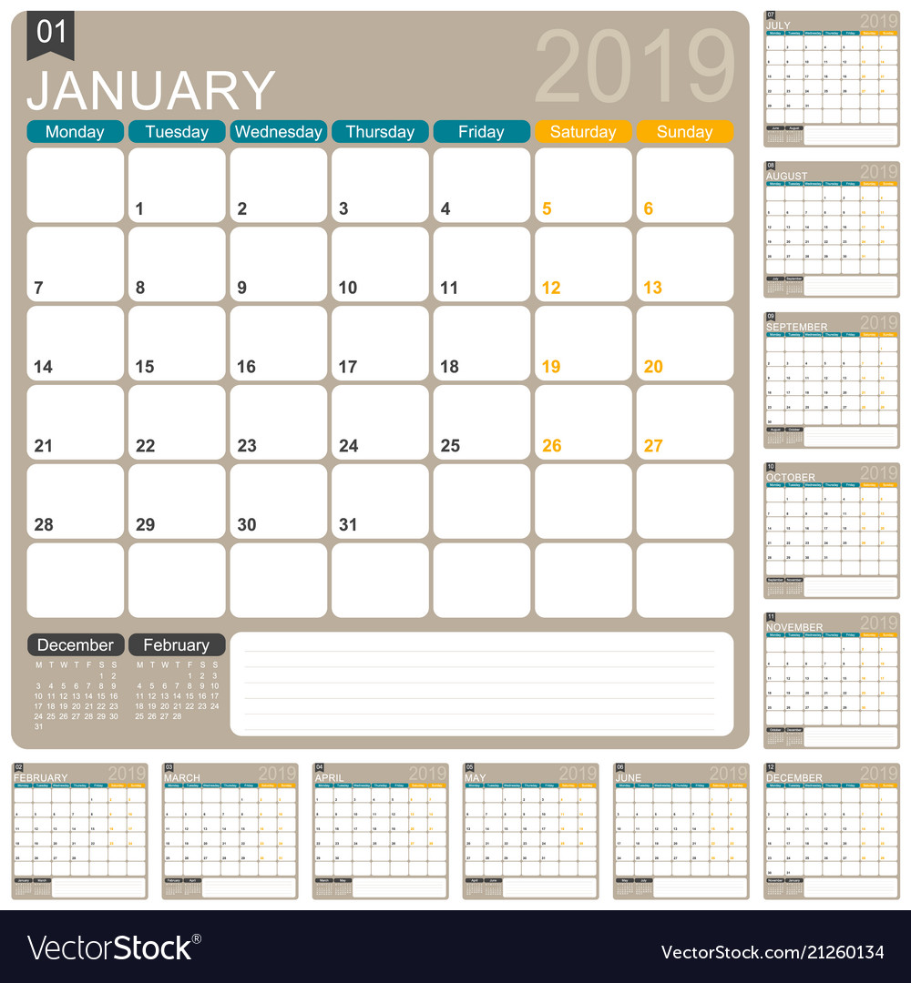 English calendar 2019 Royalty Free Vector Image