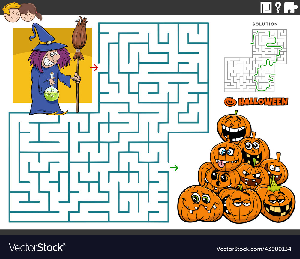 Maze with cartoon witch and pumpkins on halloween Vector Image