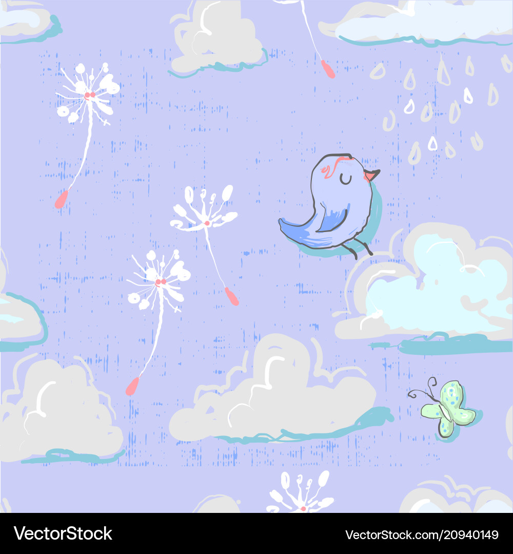 Seamless pattern with cute clouds bird Royalty Free Vector