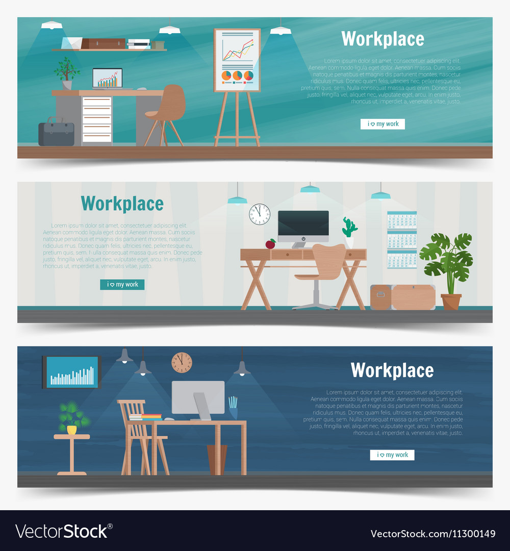 Web Banner Set Office Workplace Interior Design Vector Image