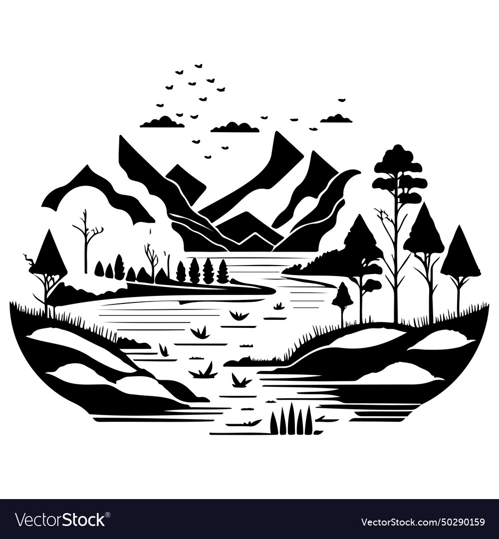 Village river graphic sketch draw Royalty Free Vector Image