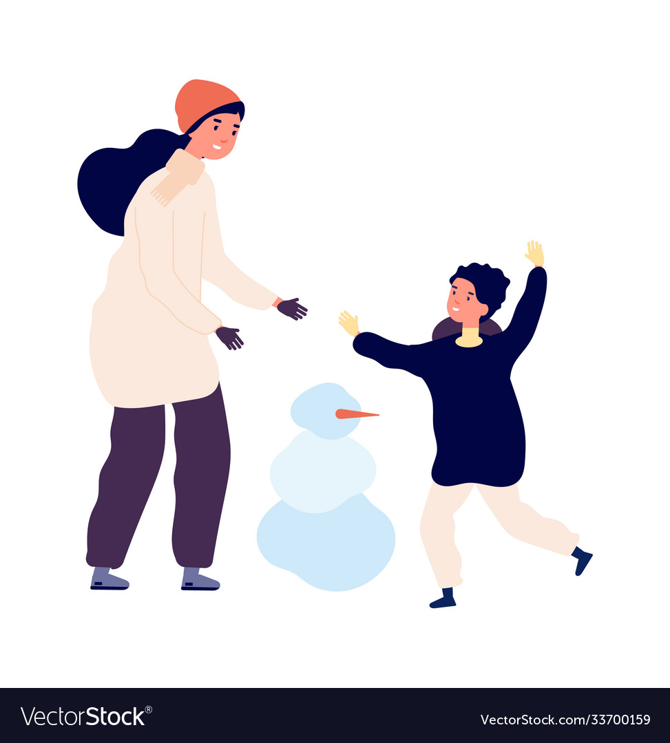 Winter activity mother son making snowman happy Vector Image