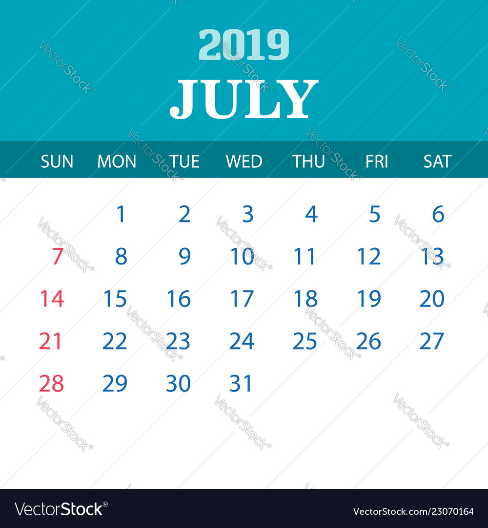 2019 calendar template july royalty free vector image 2019 july calendar template