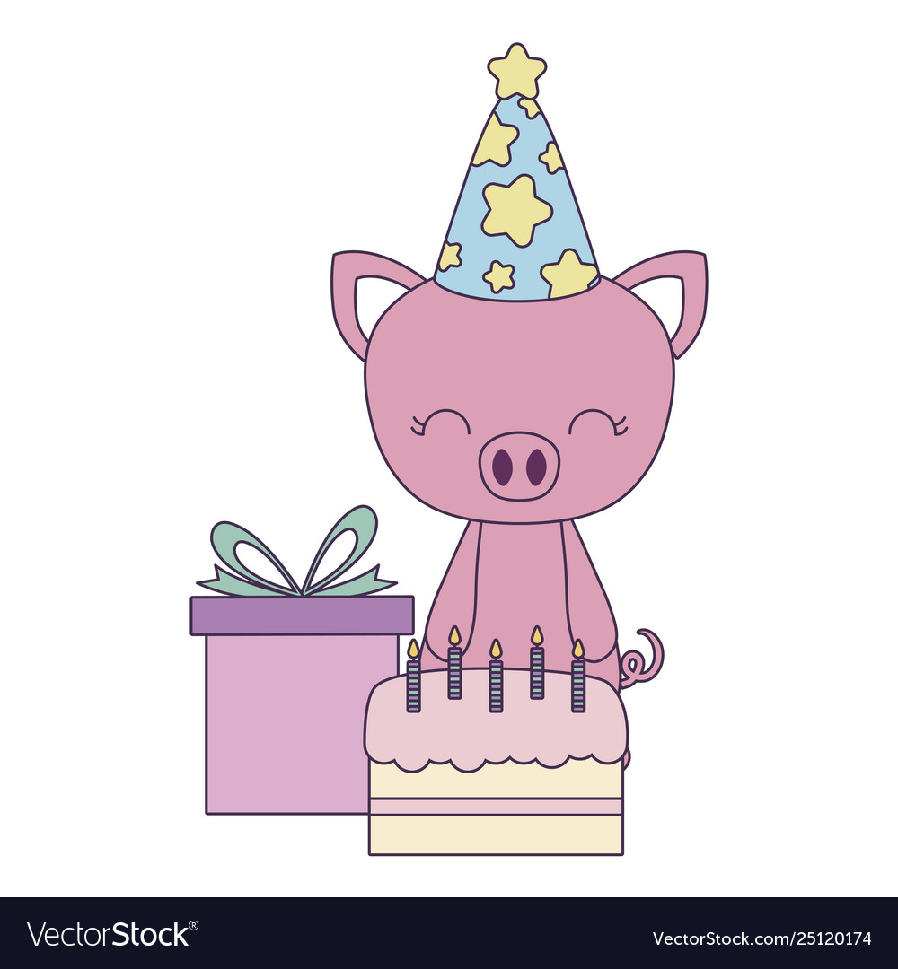 Cute piggy with cake birthday and gift box Vector Image