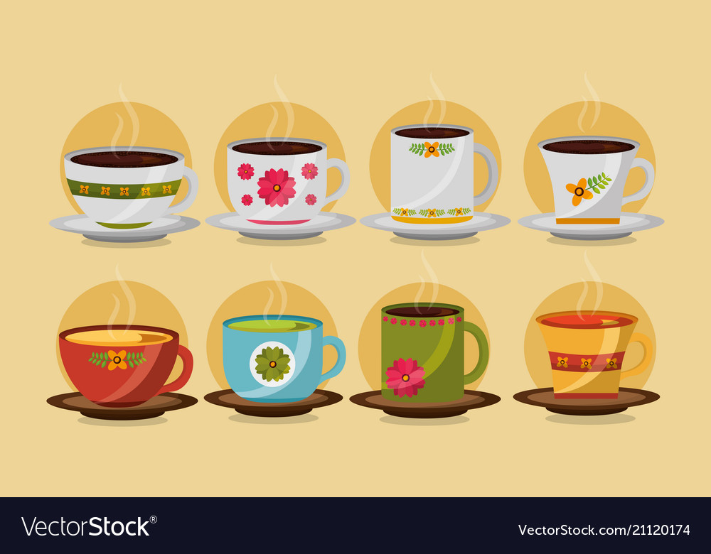 Decorative Flower Cups Coffee And Tea Collection Vector Image